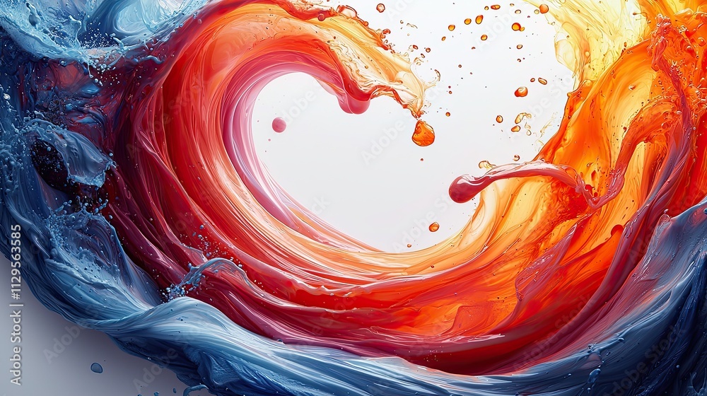 Poster colorful wave creating a heart shape with dynamic splashes against a light background