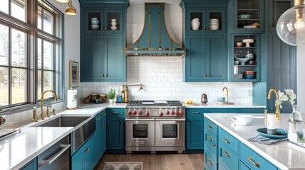 Stylish kitchen with teal blue cabinets, white quartz countertops, brass fixtures, and subway tile backsplash in coastal villa,