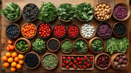 Vibrant Display of Fresh Vegetables and Fruits Arranged in Bowls on a Wooden Table, Showcasing a Colorful Variety of Healthy Food Options for Cooking and Nutrition