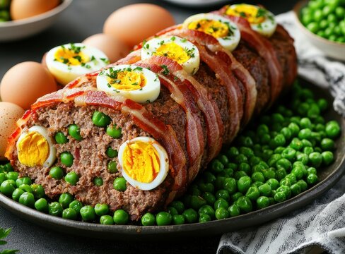 Baked Easter meatloaf with ground meat onions carrots hard boiled eggs bacon and green peas