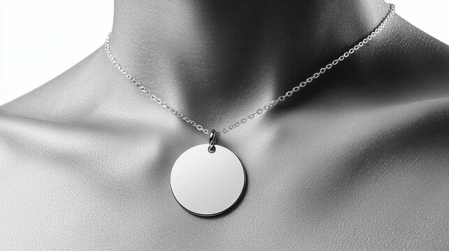 This image features a minimalist silver necklace with a round pendant displayed on a gray mannequin neck, emphasizing elegance and simplicity.