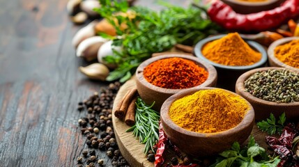 A stunning display of aromatic herbs and colorful spices fills a rustic wooden platter, ideal for enhancing Asian dishes. Fresh ingredients create a sensory feast, inviting culinary creativity