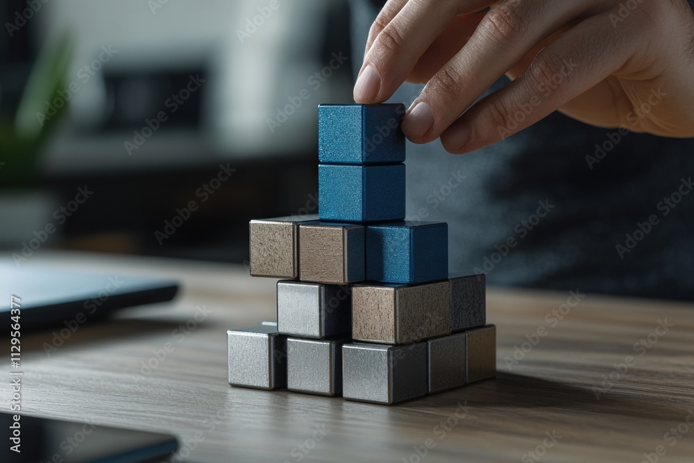 Poster close-up of hand building a tower of metallic blocks on a wooden desk.
