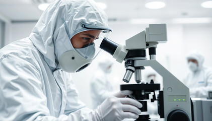 Level 4 Biosafety Lab, Virologist conducts research under microscope. - Generative AI