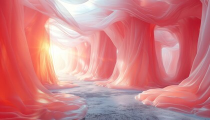 Fototapeta premium A pink tunnel with trees and a sun shining through it