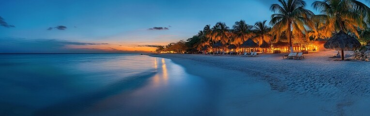 Tropical beach sunset with holiday-lit palm trees