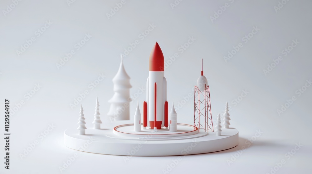 Poster Stylized 3D render of a rocket launch site with minimalist design.