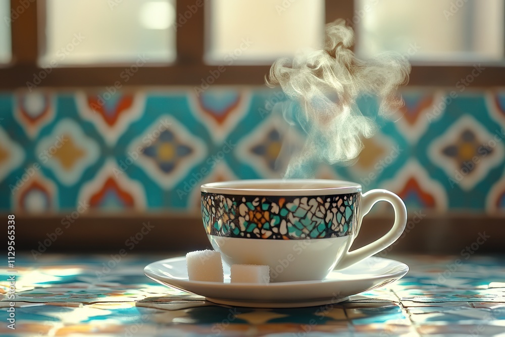 Poster steaming cup of tea on a tiled surface near a window.