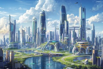 Futuristic city skyline, integrated nature, water features.