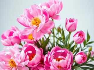 Obraz premium A beautiful arrangement of pink peonies and roses on a white background with space for text, vibrant, background