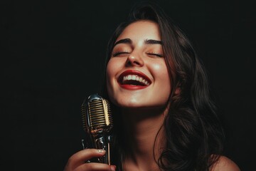 Elegant Female Vocalist with a Beautiful Smile Holding a Vintage Microphone Against a Black Background
