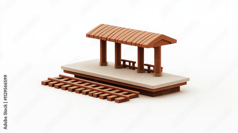 Poster low-poly 3d model of a simple train stop with shelter and tracks.