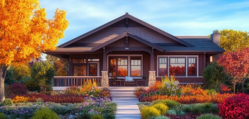 A Craftsman home with an inviting porch, surrounded by colorful flowering plants and small trees that give the house a warm and welcoming feel
