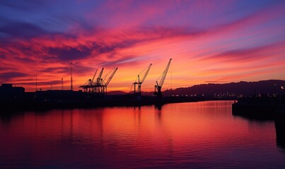 Fototapeta premium Sunset over harbor cranes reflecting on water, vibrant colors, silhouettes of cranes, calm water, industrial landscape