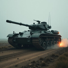 modern military tank in green paint on desert background