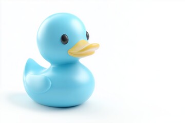 photo of cute blue rubber duck, front view, white backround
