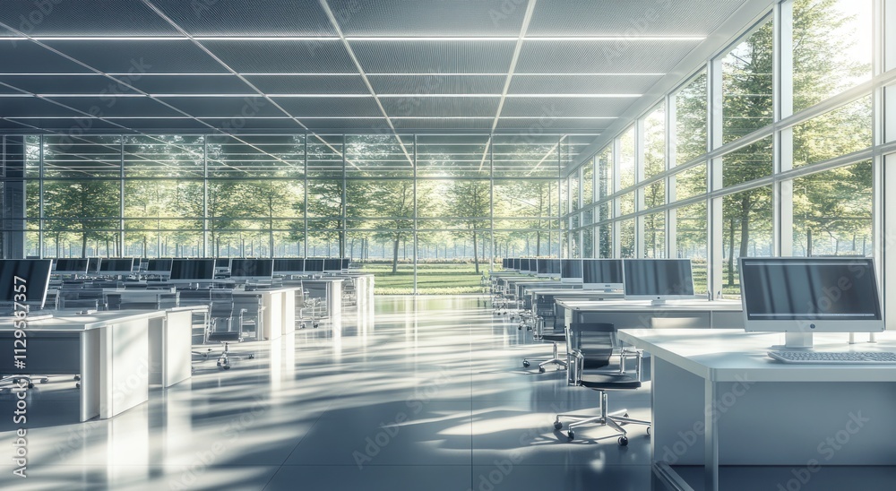 Poster sunlit modern office with many desks and large windows overlooking a green park.