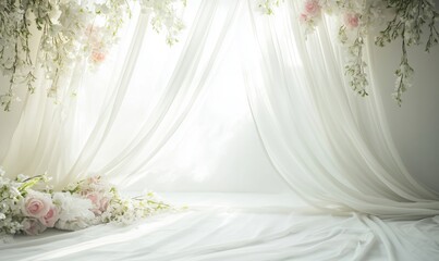 Elegant floral backdrop with draped fabric, soft lighting, white curtains, pink roses, and greenery
