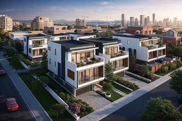Obraz premium Modern Housing Development in Vibrant Neighborhood Highlighting Urban Expansion and Architectural Sophistication