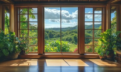 Scenic view from wooden window overlooking lush greenery, tropical plants, bright sky, natural light, serene atmosphere