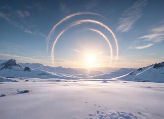 Wispy winter halo forming in icy sky above snow field, ice crystals, winter halo, weather, frosty