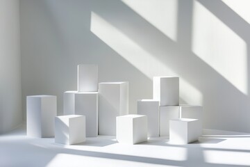 A minimalist arrangement of white geometric blocks casting soft shadows on a light background.