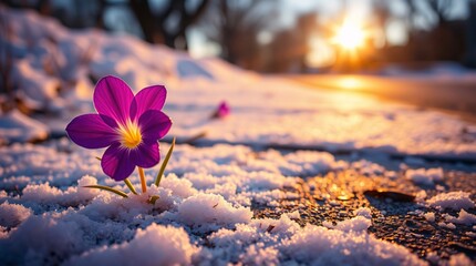 Vibrant Flower Emerging from Snow-Covered Pavement: A Symbol of Hope.