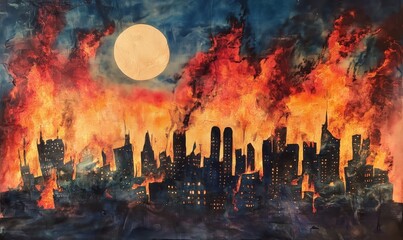 Burning city skyline at night with full moon, flames engulfing buildings, dramatic colors, urban destruction, apocalyptic scene