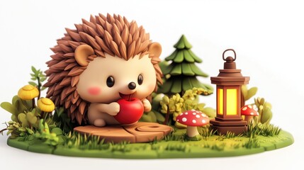Cute cartoon hedgehog eating an apple in a whimsical forest scene with a lantern.