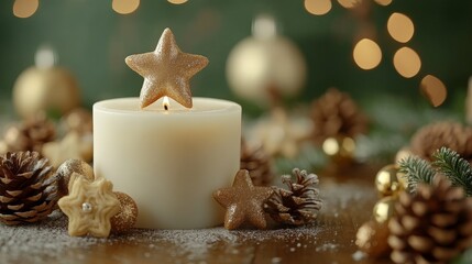 Glowing Candle with Pinecones and Ornaments