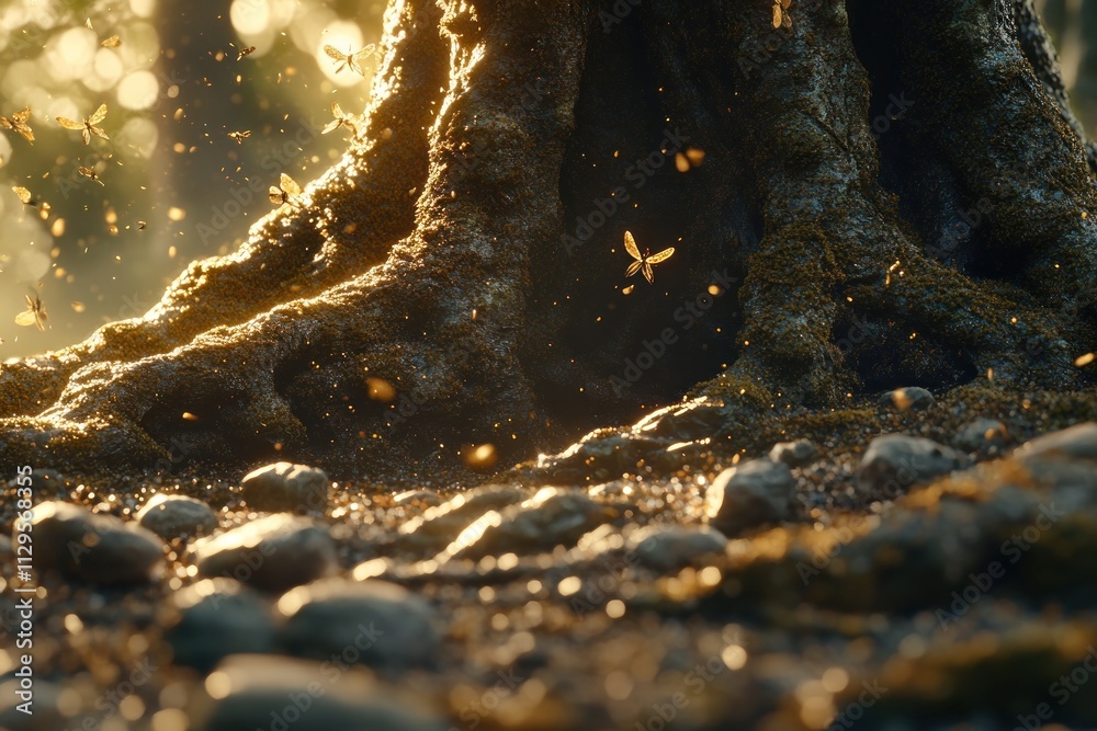 Poster magical forest scene with fireflies swarming around ancient tree roots at sunset.