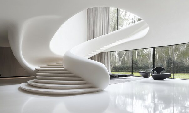 Modern spiral staircase design, sleek white curves, large windows, natural light, minimalist interior, contemporary furniture, elegant space