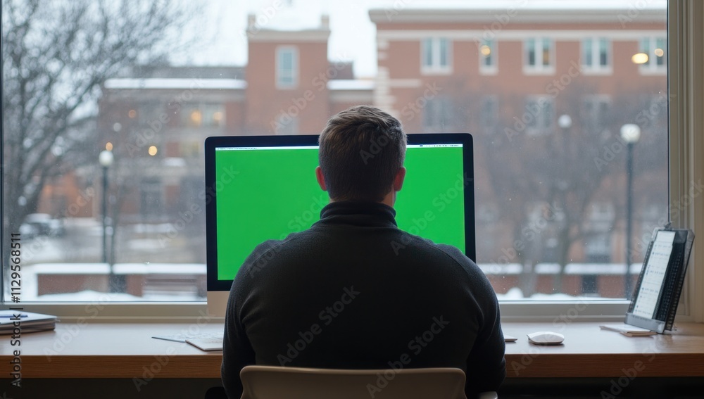 Poster man sits at desk facing green screen computer, winter city view.