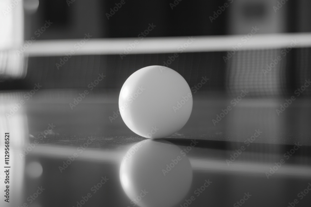 Poster close-up of a single white ping pong ball on a reflective table.