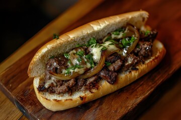 Beef and cheese sandwich with green peppers and onions on a wooden table