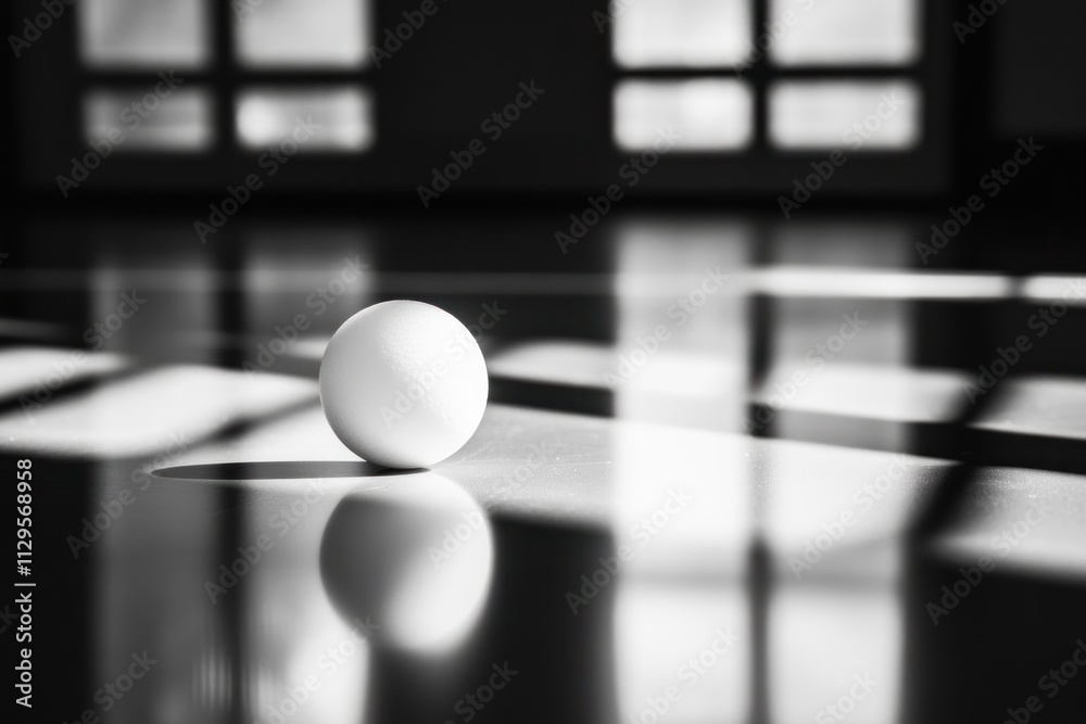 Poster a single white ball sits on a shiny floor, illuminated by sunlight streaming through large windows.