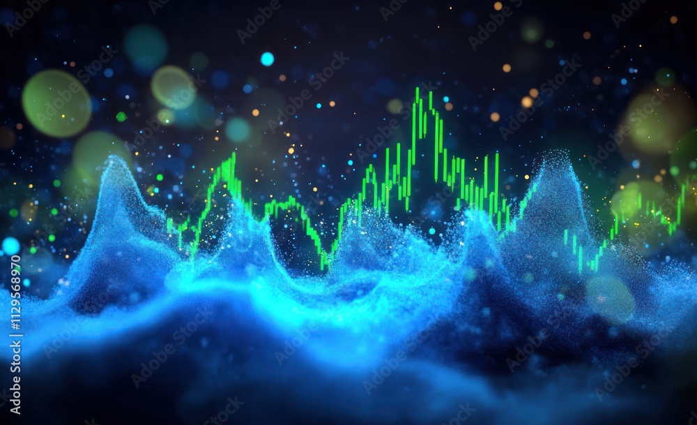 Poster Abstract glowing data visualization with a rising green graph line over a blue wavy surface.