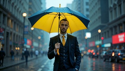 Confident businessman in a suit holding a yellow-blue umbrella on a rainy city street, urban lifestyle