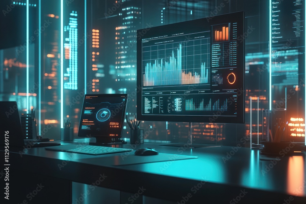 Poster Futuristic tech workspace with glowing displays showing data analysis and charts.