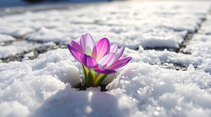 Vibrant Flower Emerging from Snow-Covered Pavement: A Symbol of Hope.