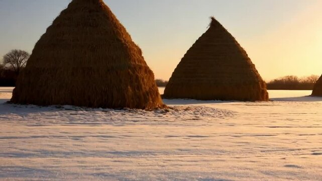Winter fields with frost-covered haystacks glowing under the morning sun.