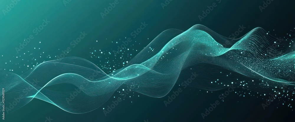 Poster Abstract teal wave background with glowing particles.