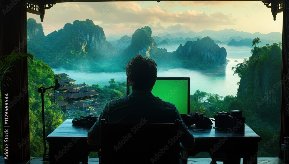 Aufkleber man works on computer with stunning mountain view.