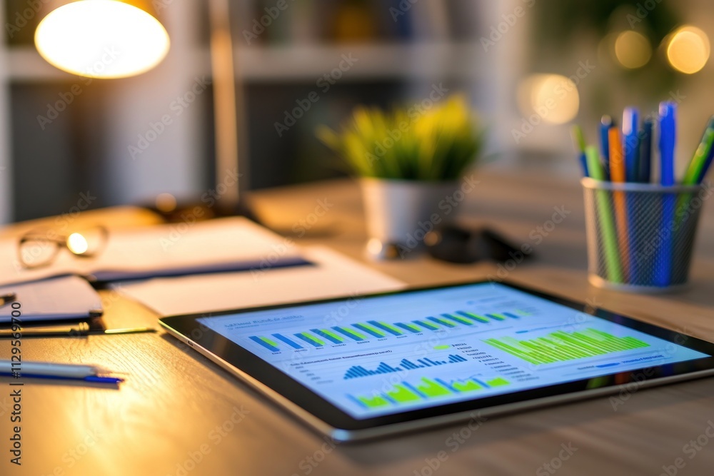 Poster tablet displaying financial graphs on a desk at night.