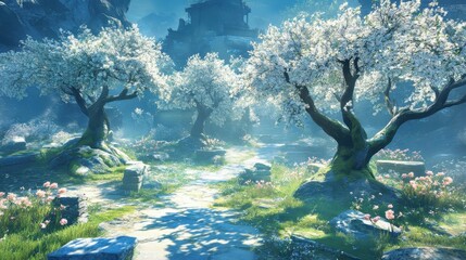 Fototapeta premium A serene landscape with blooming trees, a pathway, and a tranquil atmosphere.