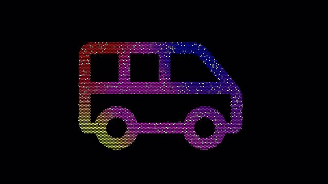 Icon shuttle van is made up of LED square shapes that shimmer and flicker. There are black dead diodes. In-Out looped. Alpha BW at the end