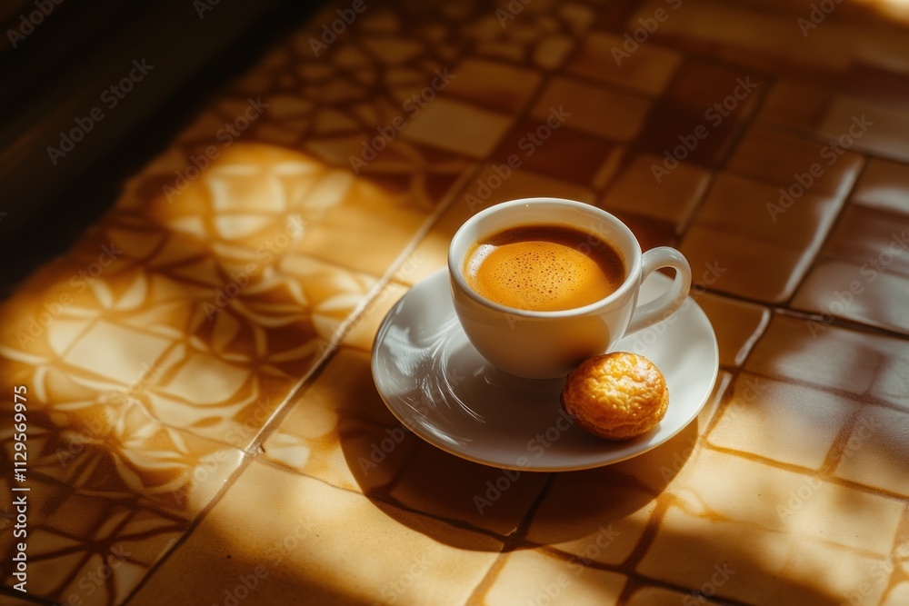 Poster espresso coffee in a white cup with a small pastry on a patterned tile surface, sunlit.