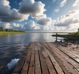 Obraz premium Wooden embankment bordering the river underneath a sky of white clouds, waterscape, coastline
