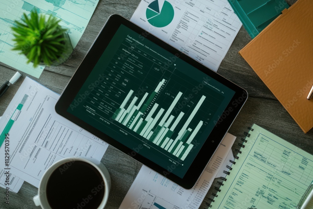 Poster Tablet displaying data charts surrounded by paperwork and coffee.