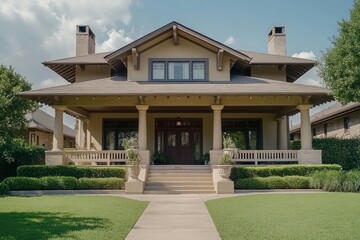 A Craftsman house in muted sandy beige with wide porches and decorative pillars, standing peacefully in a quiet suburban neighborhood